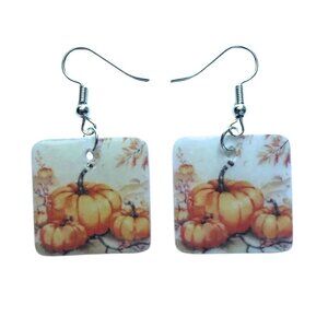 Square Resin Dangle Earrings, Fall Pumpkin Design, Multicolor, Hypoallergenic